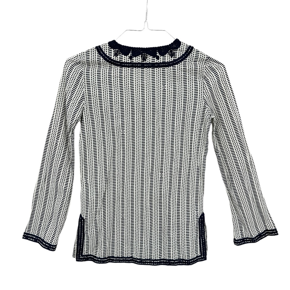 TORY BURCH Tunic Top Geometric Side Slits Long Sleeve Blue Cream - Picture 2 of 7